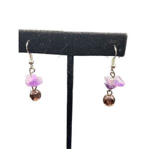 Sterling silver 925 fishhook amethyst chip drop earrings purple crystal beads